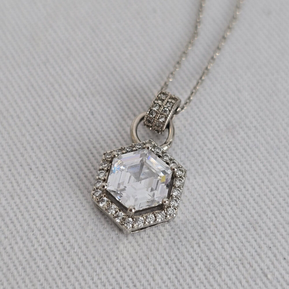 Hexagon Halo Crystal Pendant Necklace Silver Tone Dainty